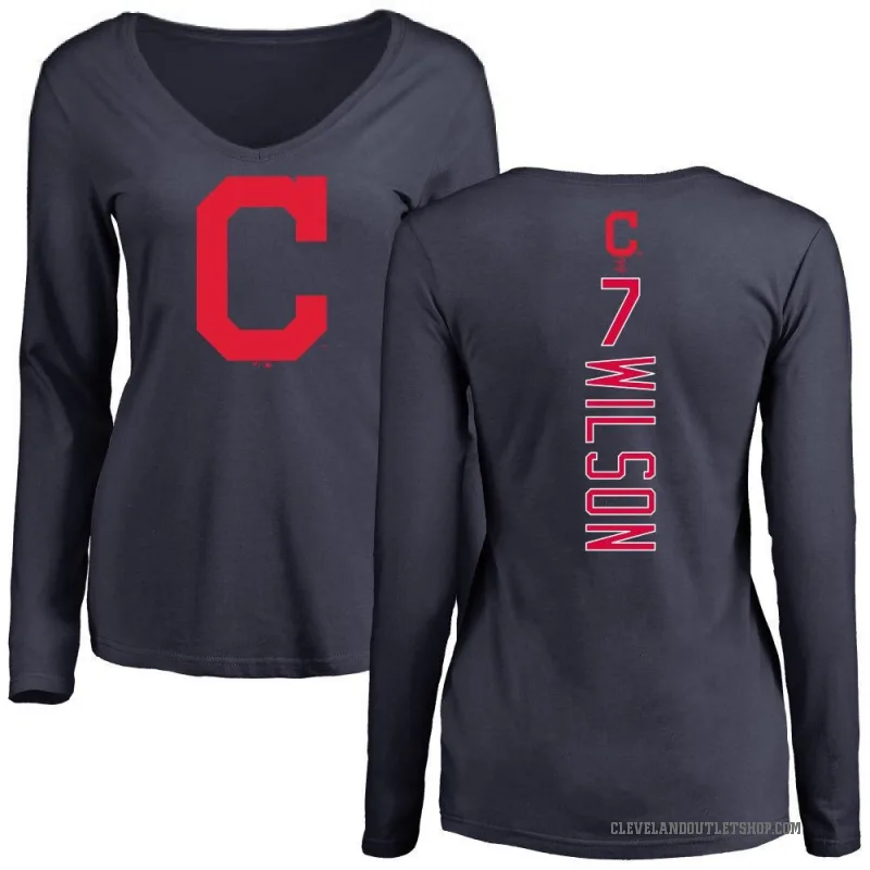 Will Wilson Women's Navy Cleveland Guardians Backer Slim Fit Long Sleeve T-Shirt -