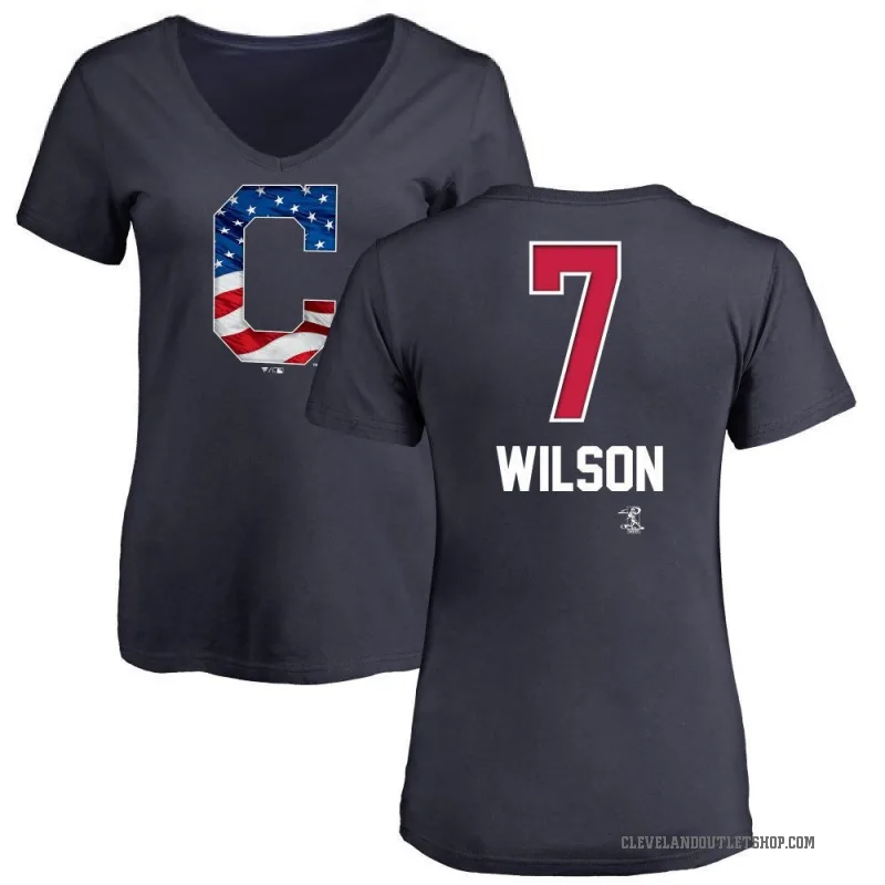 Will Wilson Women's Navy Cleveland Guardians Name and Number Banner Wave V-Neck T-Shirt -
